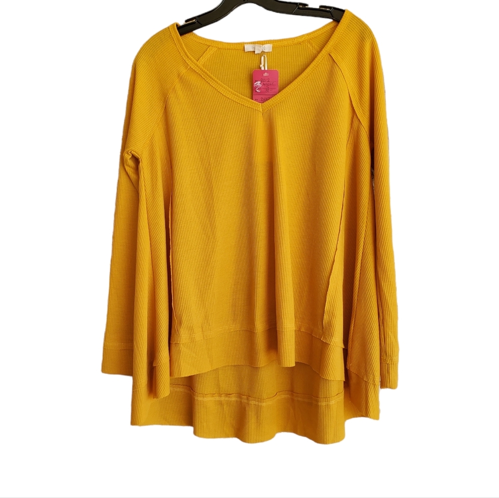 La Miel Mustard Yellow Flowy Long Sleeve V Neck Top High Low Size Small Spandex